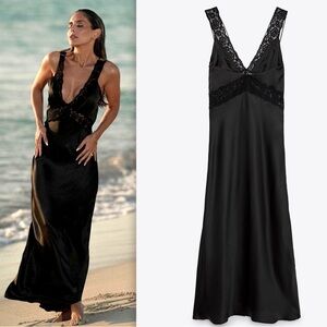 ZARA LONG BLACK SATIN DRESS LACE CAMISOLE MAXI DRESS